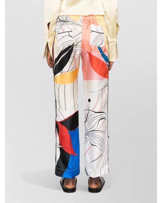 F.R.S For Restless Sleepers White Silk Trousers Bold Motif Wide Leg