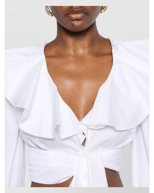 Balmain White Cotton V-Neck Long-Sleeve Blouse