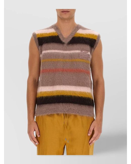 Etro Multicolor Mohair Wool Blend Ribbed V-Neck Striped Knitted Vest for men