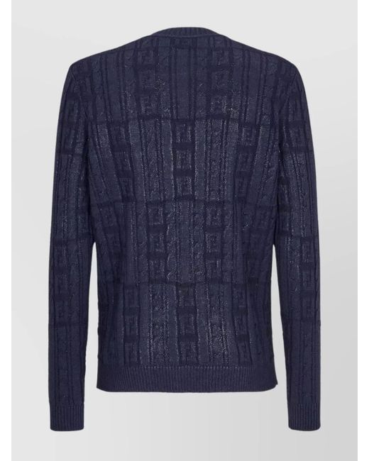 Fendi Blue Wool Ribbed Crew-Neck Long-Sleeve Jumper for men