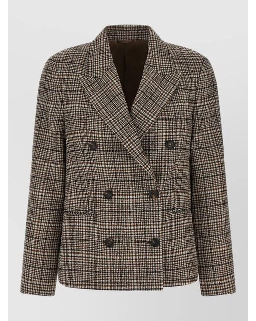 Brunello Cucinelli Brown Double Breasted Plaid Cashmere Blend Blazer