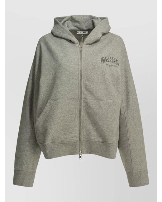 Ganni Gray Hooded Zip Logo Sweatshirt Long Sleeves