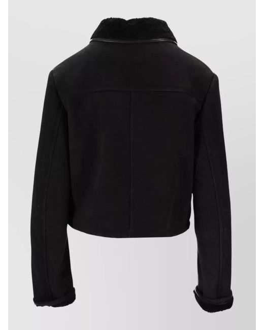 LA ROSE Black Shearling Collar Cropped Leather Jacket