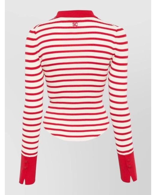 Semicouture Red Aida Striped Cotton Long Sleeve Polo