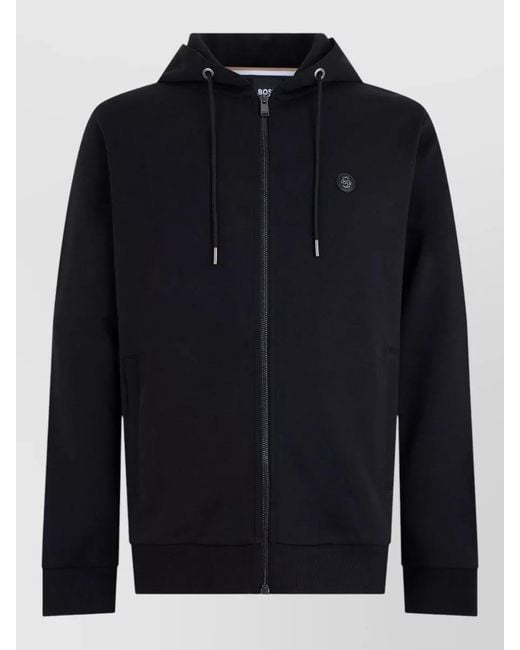 Boss Blue Cotton Zip Up Hooded Sweatshirt for men