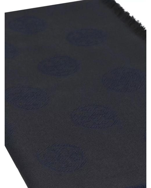 Tory Burch Blue Signature Scarf Fringed Edges Detail