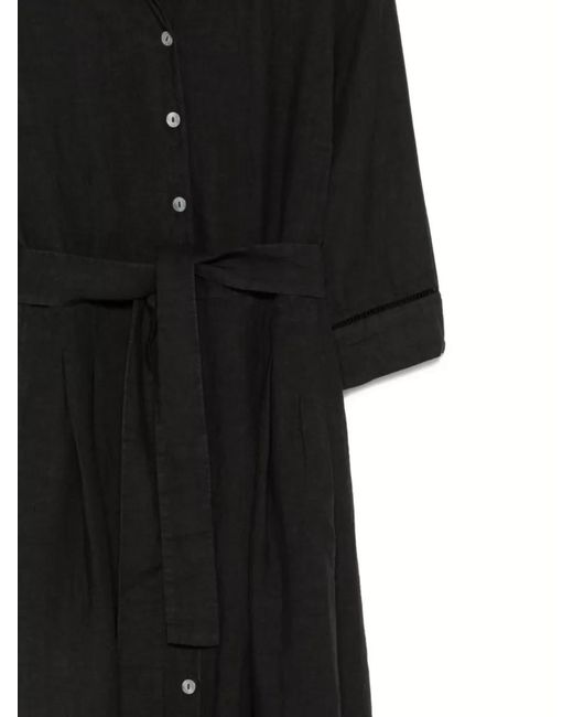 120% Lino Black Linen Dress Belted Waist Side Pockets