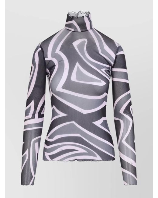 Emilio Pucci Gray High Neck Long Sleeve Sheer Tulle Top