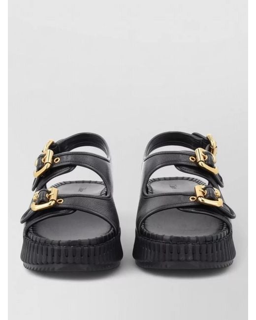Chloé Black Leather Wedge Sandals