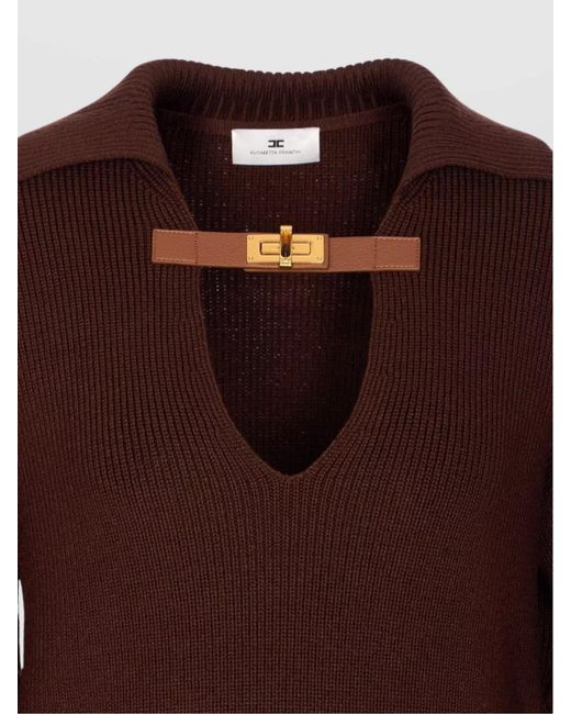 Elisabetta Franchi Brown Knitwear Collared Design Long Sleeves Ribbed Texture V-Neckline