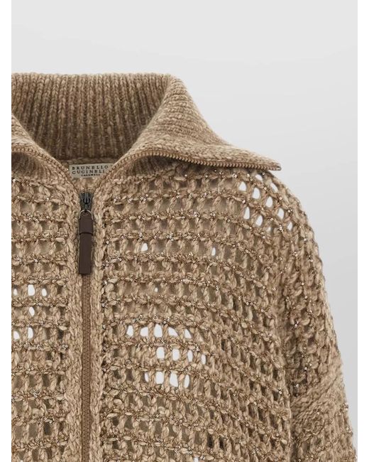 Brunello Cucinelli Natural Dazzling Mesh Knit Sequin Detail Cardigan