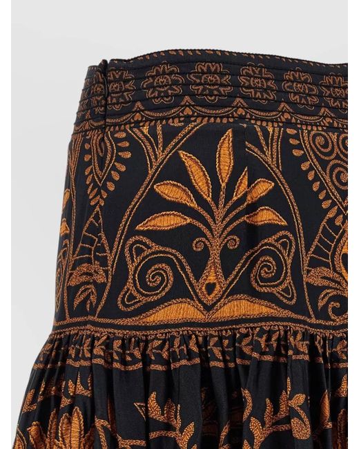 Farm Rio Brown High Waist Skirt Floral Embroidery Ruffled Hem