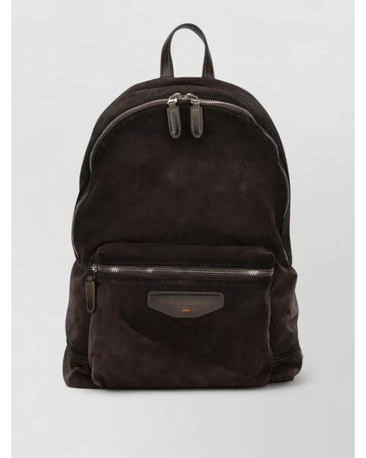 Santoni Black Suede Backpack Adjustable Straps Top Handle for men
