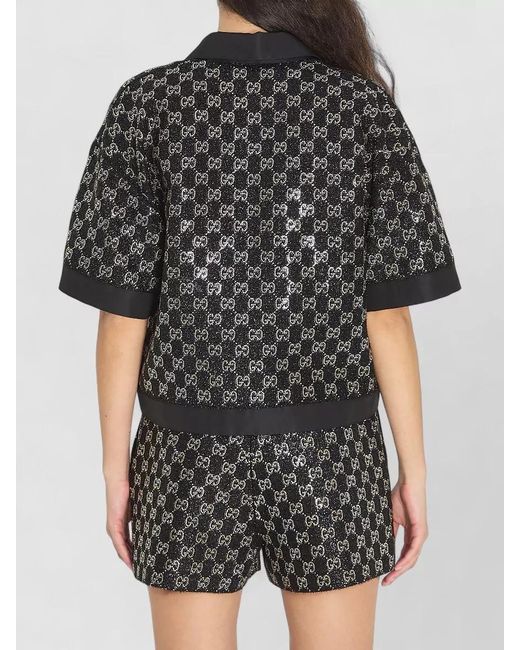 Gucci Black Lamé Tweed V-Neck Short-Sleeve Shirt