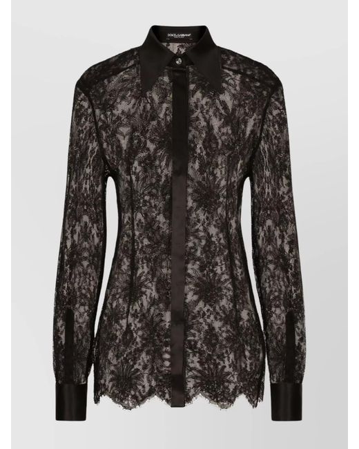 Dolce & Gabbana Black Silk Floral Lace Long-Sleeve Shirt