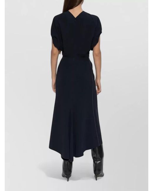 Victoria Beckham Blue Blouson V-Neck Midi Dress