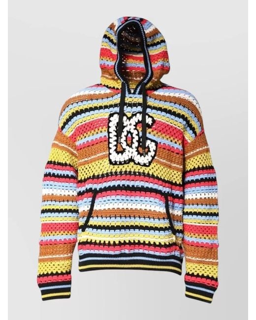 Dolce & Gabbana Brown Hooded Cotton Blend Striped Crochet Pullover for men