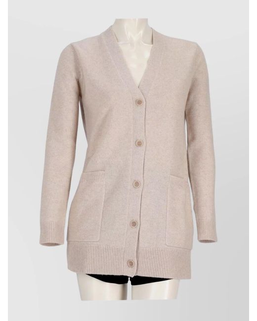 Max Mara Natural Cashmere Wool Sequin Embroidered V-Neck Long-Sleeve Cardigan