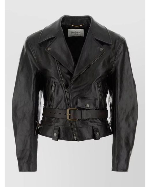 Saint Laurent Black Leather Jacket Belted Waist Buckle Detail