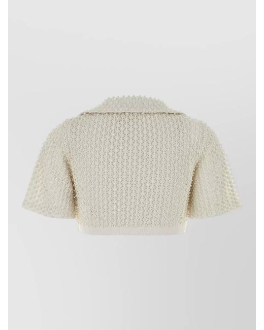 GIUSEPPE DI MORABITO Natural Cropped Top Textured Fabric Short Sleeves Collar