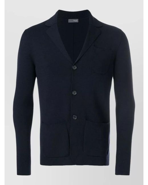 Drumohr Blue Knit Jacket Long Sleeves Front Pockets Lapels for men