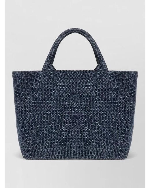 Ganni Blue Medium Tote Bag Embroidered Design Handles