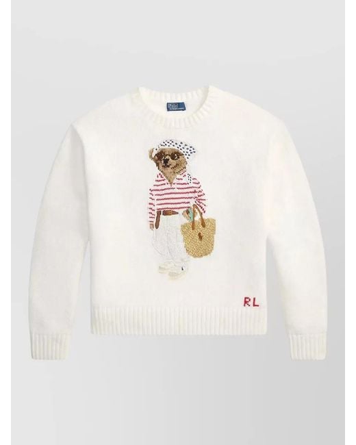 Polo Ralph Lauren White Bear Cotton Crewneck Jumper Long Sleeves