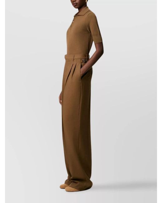 AMI Brown Virgin Wool High-Rise Pleated Wide-Leg Trousers