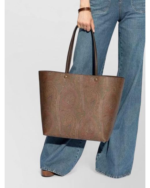 Etro Brown Cotton Paisley Print Tote Bag Leather Handles