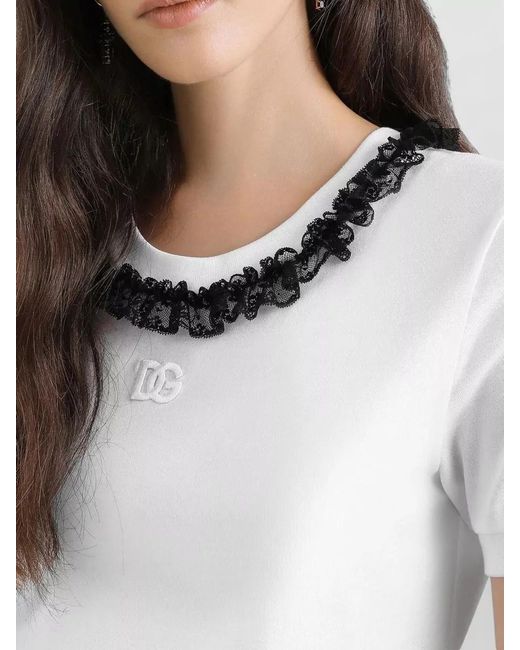 Dolce & Gabbana White Lace Trim Jersey T-Shirt
