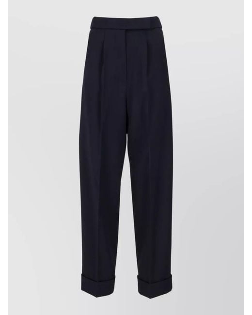 Max Mara Blue Pleated Trousers Cuffed Hem Buttoned Back Pockets