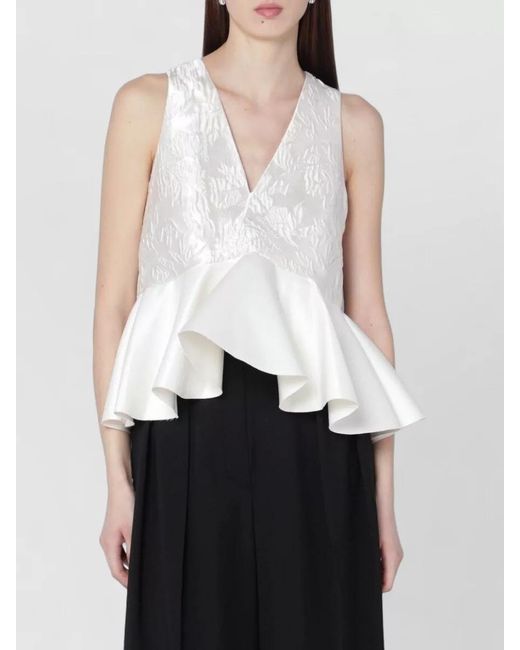 Ganni White V-Neck Ruffled Top