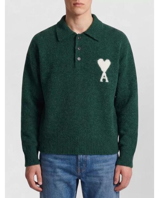 AMI Green Alpaca Knit Long-Sleeve Polo Shirt for men