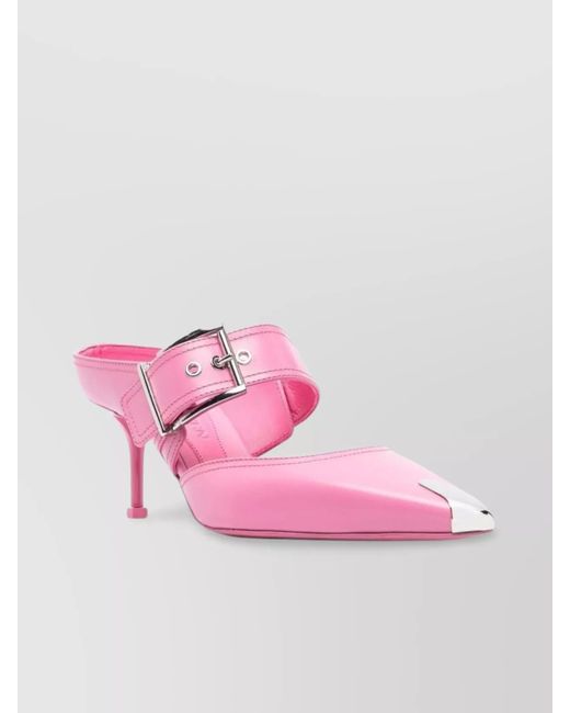 McQueen Pink Leather Buckled Mules