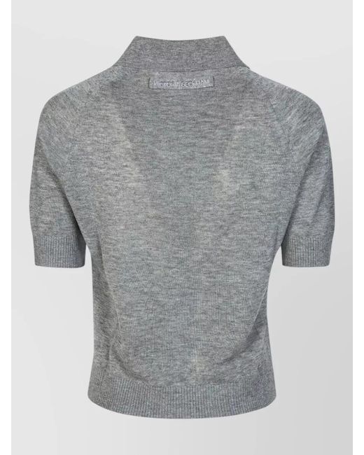 Victoria Beckham Gray Knit Polo Top Short Sleeves Ribbed Trims