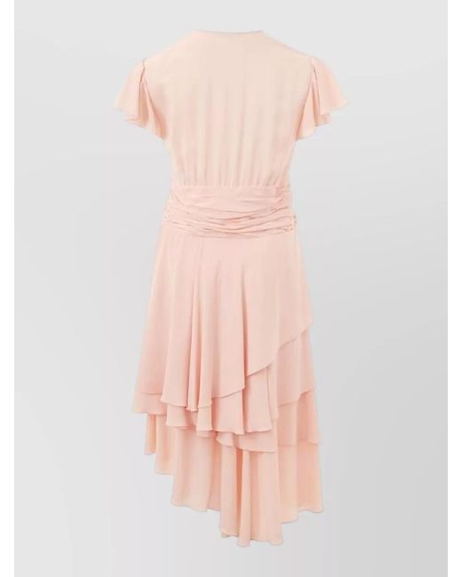 Lardini Pink Acetate V-Neck Short-Sleeve Asymmetric Ruffled Wrap Midi Dress