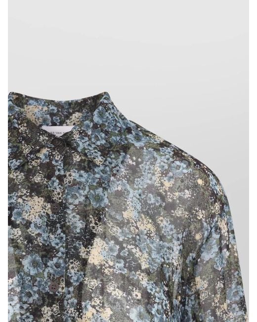 Dries Van Noten Blue Floral Collared Sheer Shirt Long Sleeves