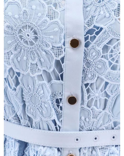 Self-Portrait Blue Knee Length Dress Short Sleeves Lace Belt