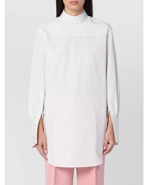 Dries Van Noten White Checked Popeline Turtleneck Shirt With High-Low Hem