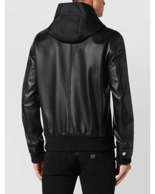 Philipp Plein Black Leather Hooded Bomber Jacket for men