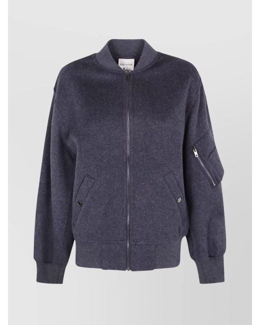 Semicouture Blue Ribbed Bomber Jacket With Multiple Pockets