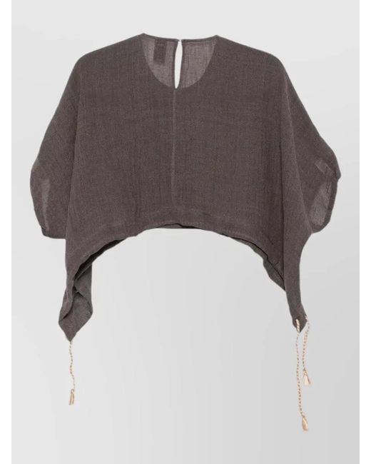 120% Lino Gray Cropped Blouse Puff Sleeves Keyhole Back Hem