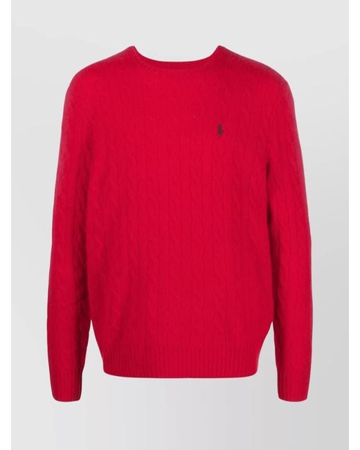Ralph Lauren Red Wool Cashmere Fine Knit Logo Pattern Crewneck Jumper for men