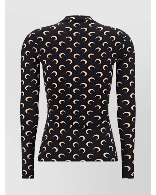 MARINE SERRE Black Printed Fitted High Neck Long Sleeve Top