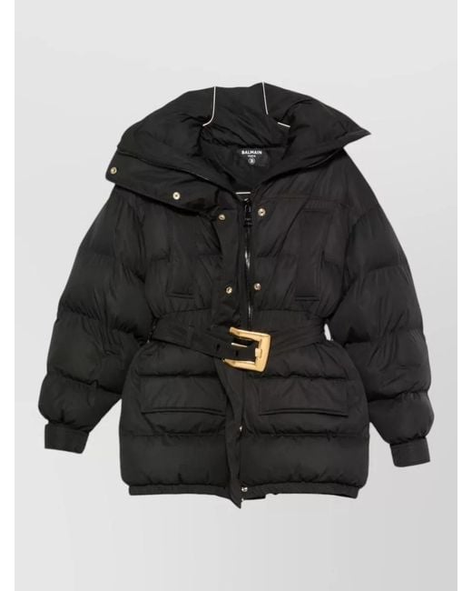 Balmain Black Quilted Hooded Coat Belt Waist Hardware