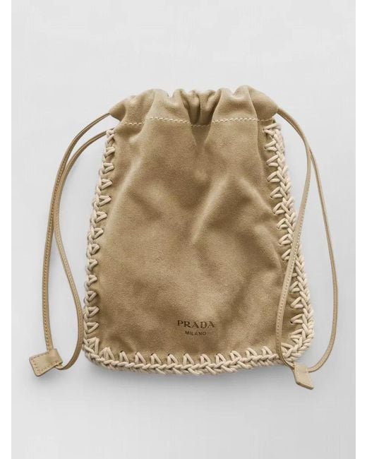 Prada Natural Bucket Bag Braided Detailing Suede Finish