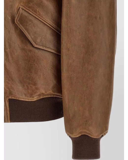 Saint Laurent Brown Leather Bomber Jacket Collared Design Pockets for men