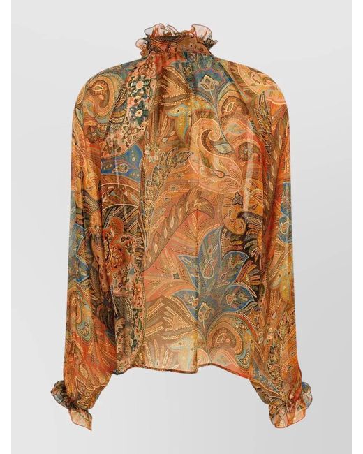 Etro Brown Sheer Chiffon Shirt Paisley Ruffle Neckline