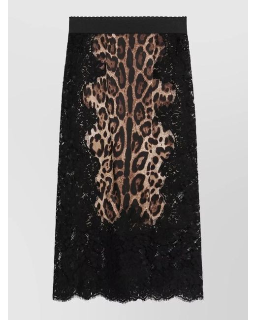Dolce & Gabbana Black Skirt Elastic Waistband Lace Overlay Leopard