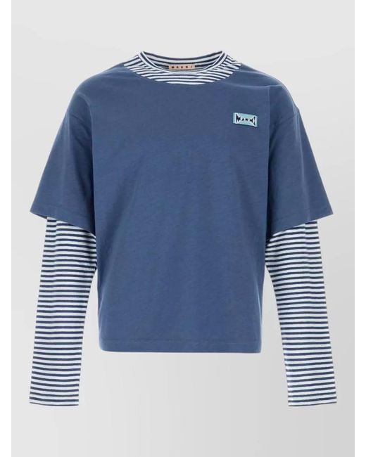 Marni Blue Linen Blend T Shirt Crew Neck Layered for men